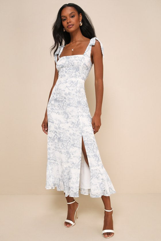 Summer Invite White and Blue Toile Tie-Strap Tiered Midi Dress #Color_White and Blue Toile