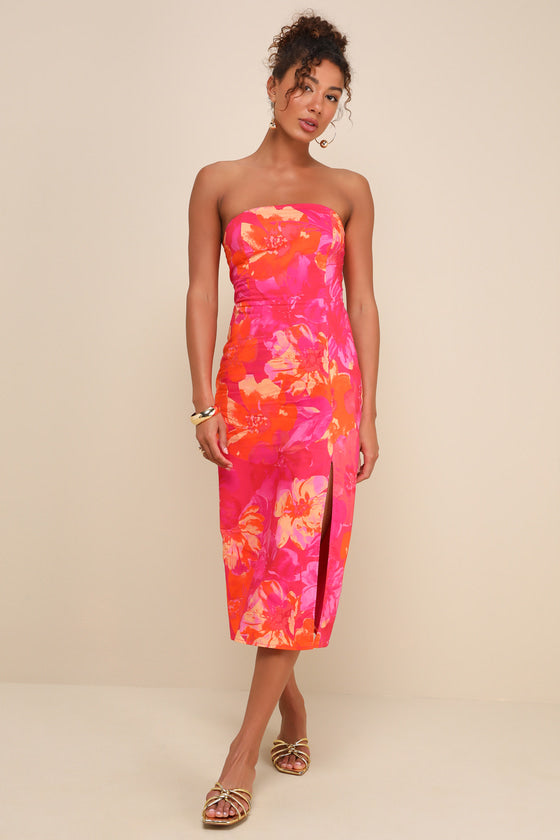 Bold Tendencies Fuchsia Floral Strapless Cutout Midi Dress #Color_Fuchsia Floral