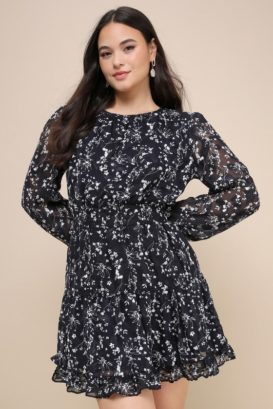 Too Cute Navy Blue Floral Print Smocked Long Sleeve Mini Dress #Color_Navy Blue Floral Print