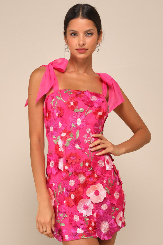 Emphatically Adorable Hot Pink Floral Tie-Strap Mini Dress #Color_Hot Pink