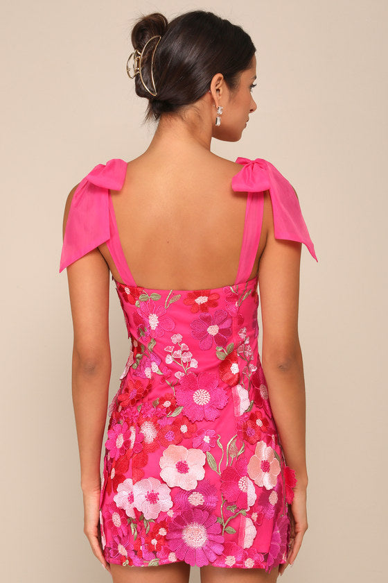 Emphatically Adorable Hot Pink Floral Tie-Strap Mini Dress #Color_Hot Pink