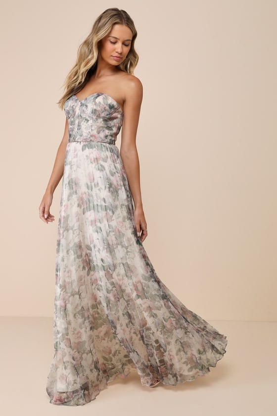 Most Beautiful Day Ivory Multi Floral Print Organza Maxi Dress #Color_Ivory Multi Floral Print
