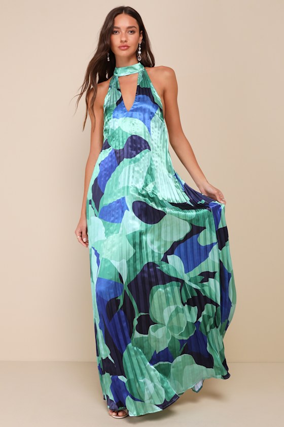 Prime Poise Green and Blue Abstract Satin Halter Maxi Dress #Color_Green and Blue Abstract