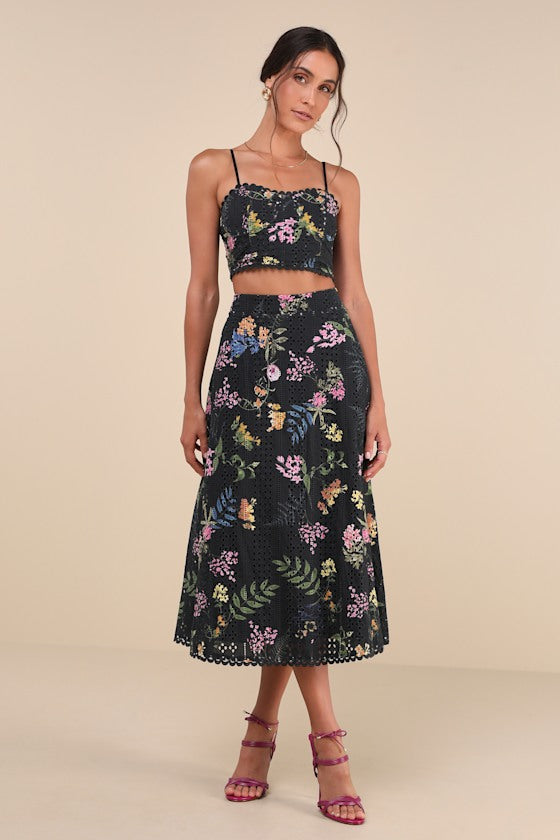 Sweet At Heart Black Floral Embroidered Two-Piece Midi Dress #Color_Black Floral