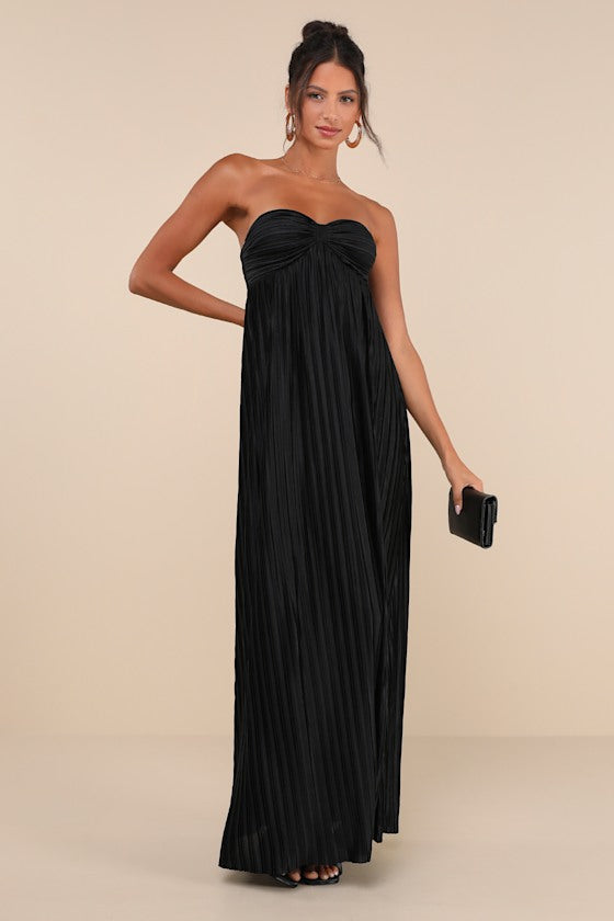 Whimsical Beauty Black Satin Plisse Strapless Maxi Dress #Color_Black