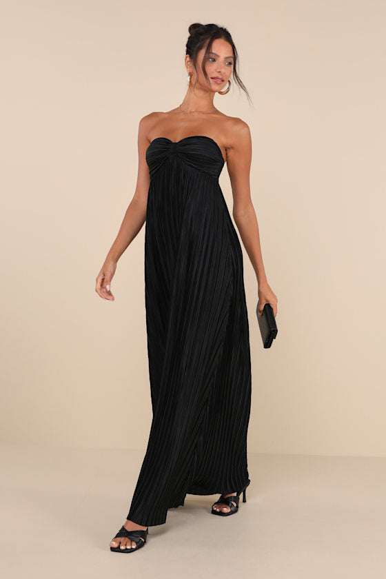 Whimsical Beauty Black Satin Plisse Strapless Maxi Dress #Color_Black