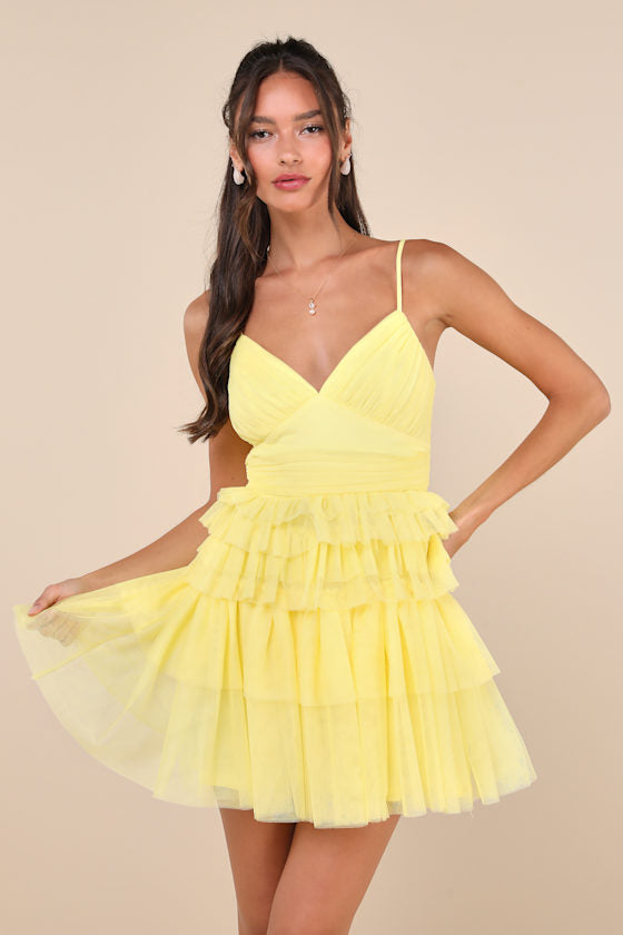 Special Poise Yellow Tulle Pleated Sleeveless Tiered Mini Dress #Color_Yellow
