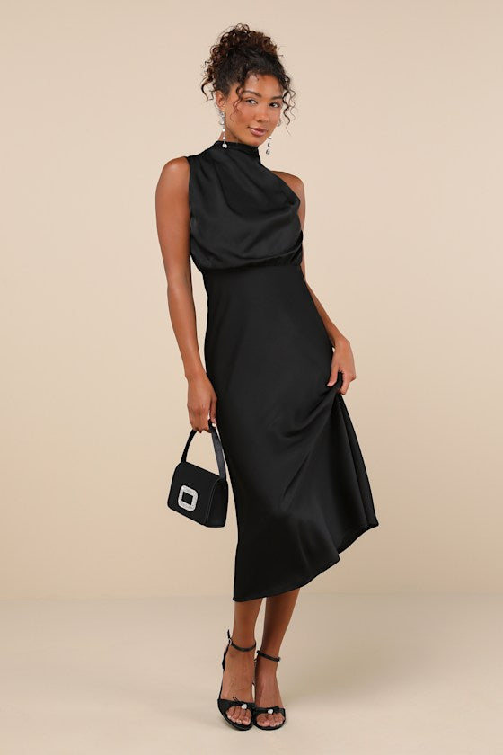 Distinctive Charm Olive Green Satin Asymmetrical Midi Dress