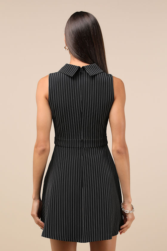 Totally Poised Black Pinstriped Collared Mini Dress With Pockets #Color_Black Pinstriped