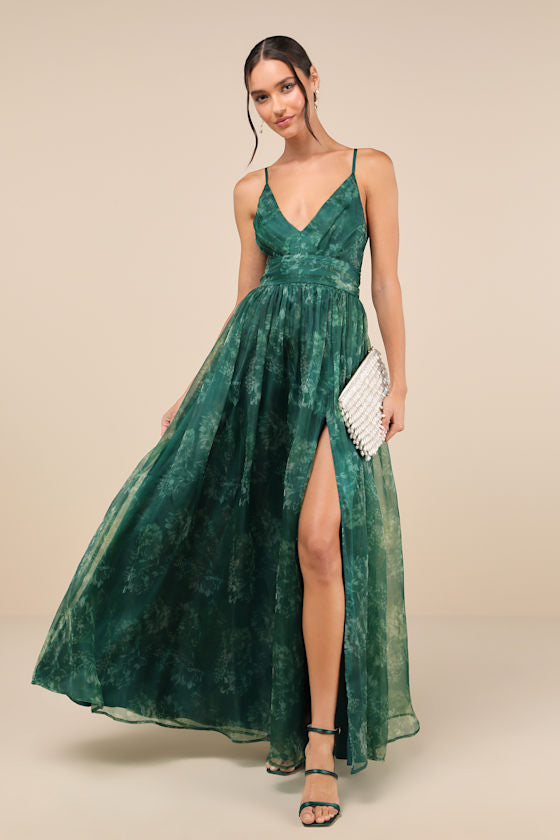 Romance That Wows Green Floral Print Organza Maxi Dress #Color_Green Floral Print