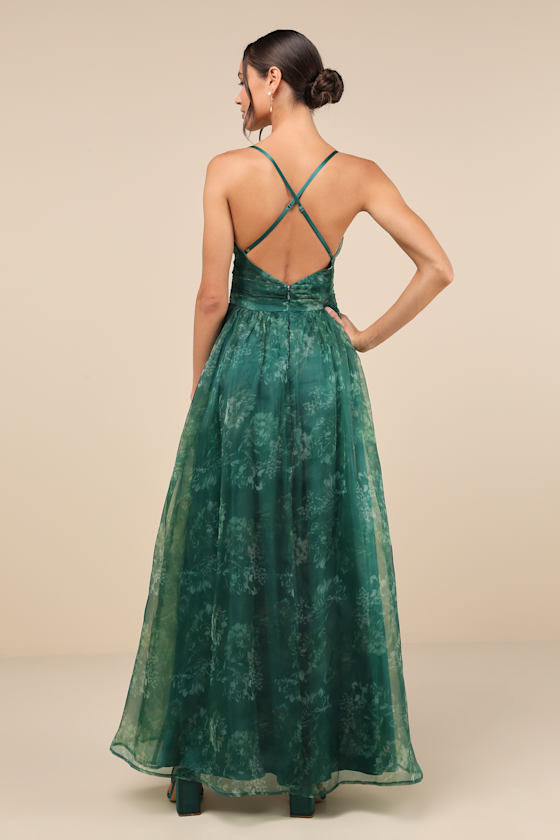 Romance That Wows Green Floral Print Organza Maxi Dress #Color_Green Floral Print