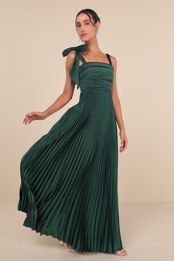 Gorgeous Purpose Slate Satin Pleated Sleeveless Bow Maxi Dress