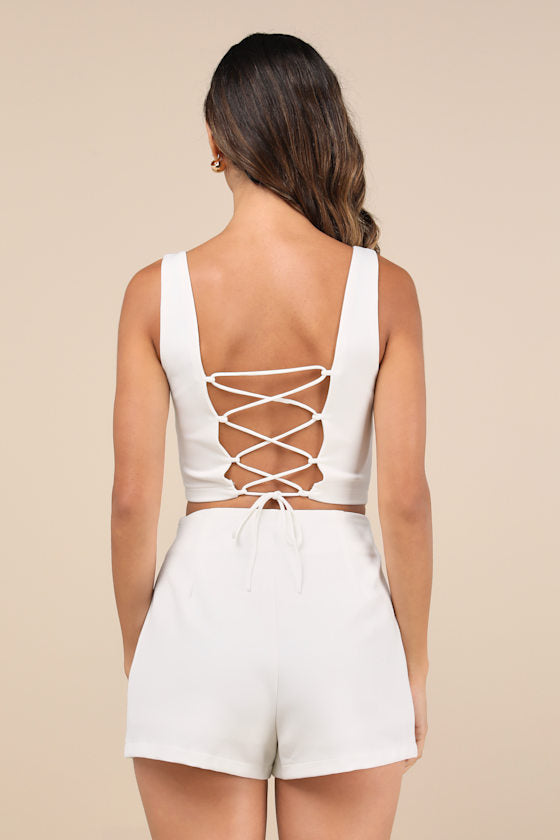 Exceptionally Styled Ivory Lace-Up Two-Piece Skort Romper #Color_Ivory