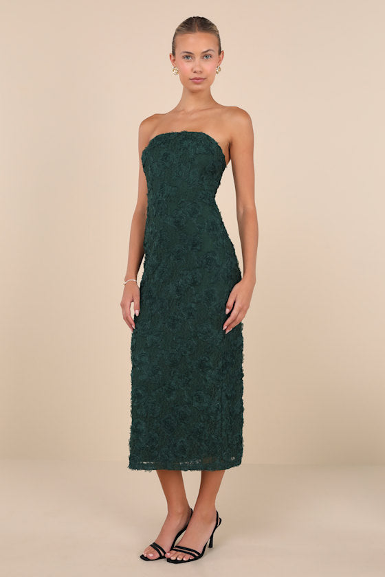 Flawless Perfection Emerald Floral Applique Strapless Midi Dress #Color_Emerald