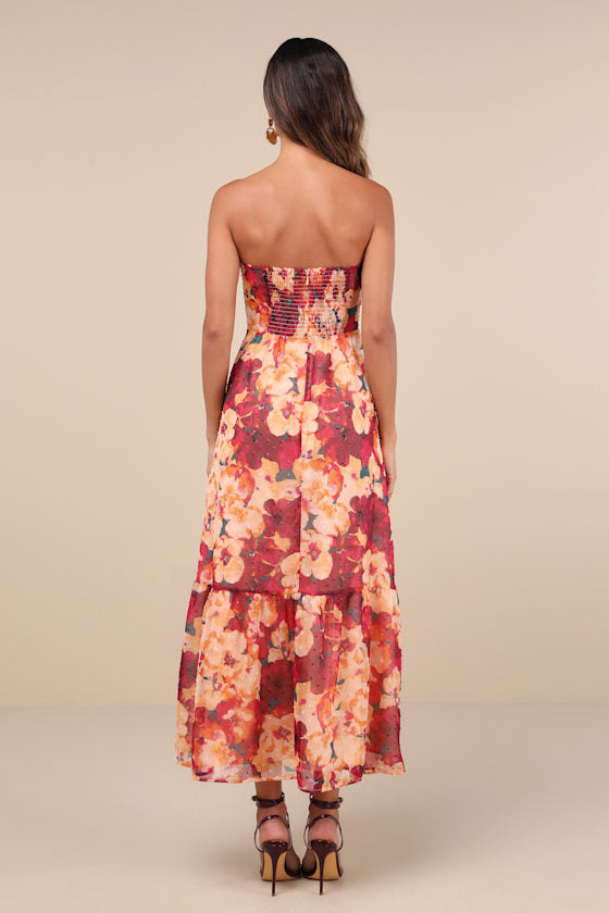 Bright Perspective Plum and Orange Floral Strapless Midi Dress #Color_Plum and Orange Floral