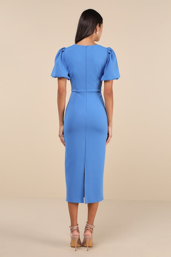 Simply Beloved Blue Puff Sleeve Bodycon Midi Dress #Color_Blue