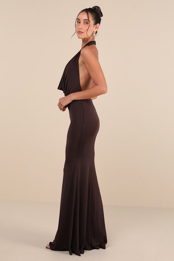 Eye-Catching Silhouette Dark Brown Cowl Neck Halter Maxi Dress #Color_Dark Brown