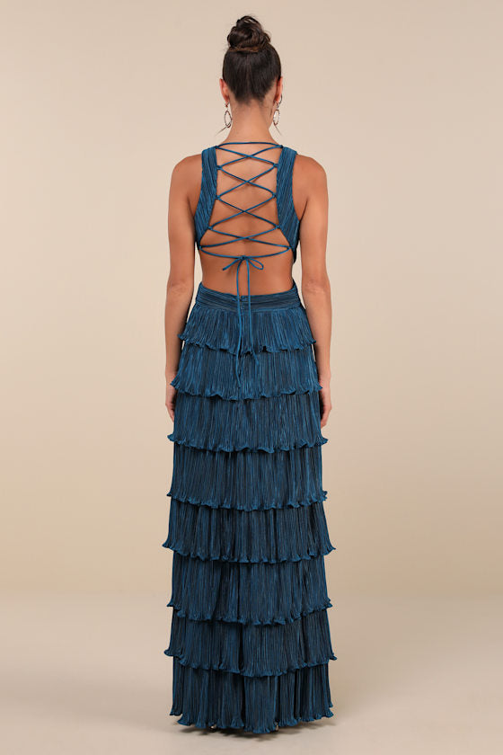 Beauty Icon Dark Teal Satin Pleated Tiered Lace-Up Maxi Dress #Color_Dark Teal