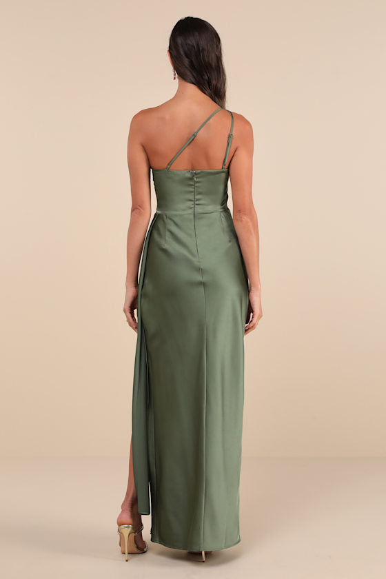 Signature Elegance Olive Green Satin One-Shoulder Maxi Dress #Color_Olive Green