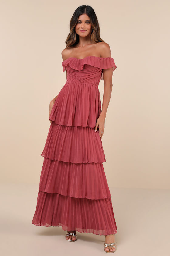 Always Remarkable Rusty Rose Pleated Off-the-Shoulder Maxi Dress #Color_Rusty Rose