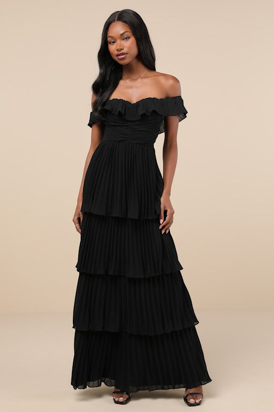Always Remarkable Black Pleated Off-the-Shoulder Maxi Dress #Color_Black