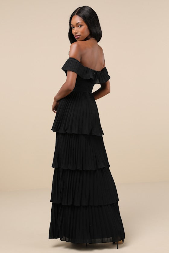 Always Remarkable Black Pleated Off-the-Shoulder Maxi Dress #Color_Black