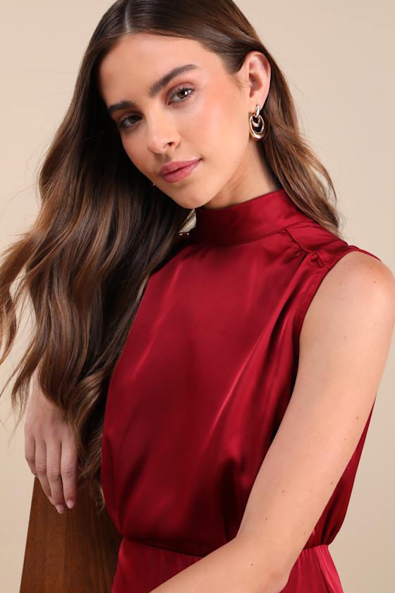 Classic Elegance Wine Red Satin Sleeveless Mock Neck Mini Dress #Color_Wine Red