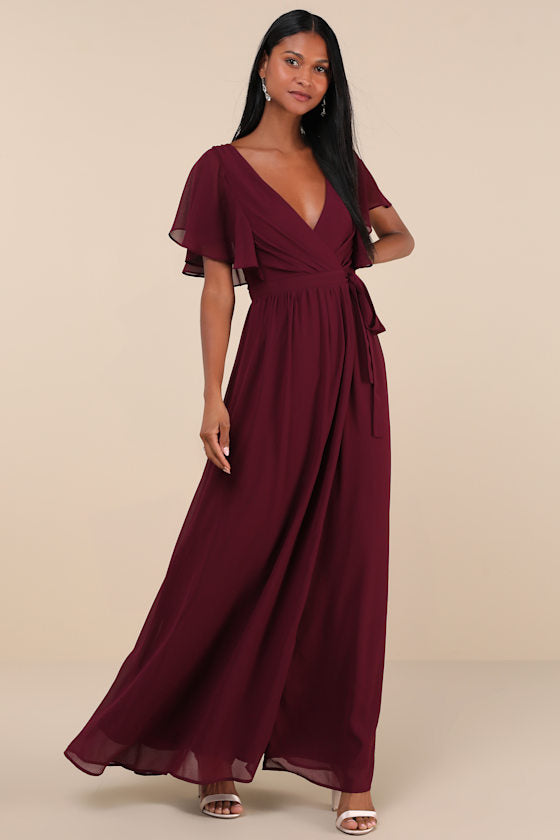 Convincing Grace Burgundy Flutter Sleeve Wrap Maxi Dress #Color_Burgundy