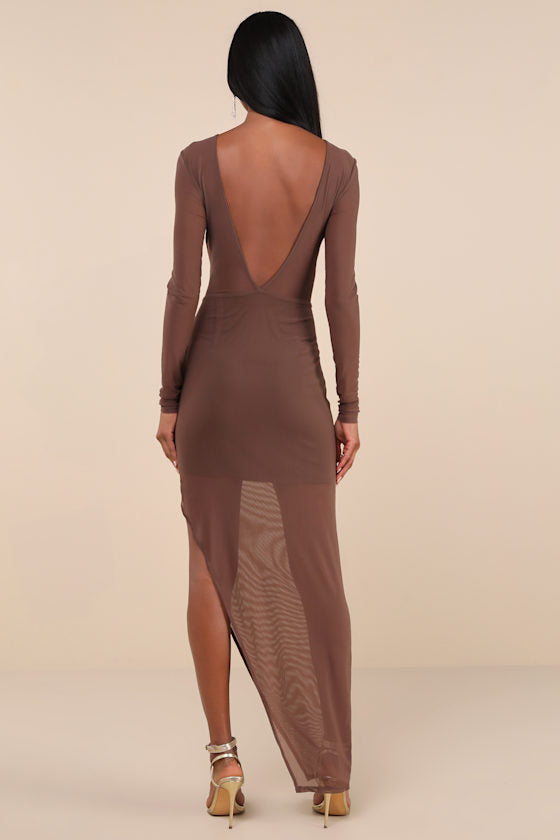Alluring Silhouette Dark Brown Sheer Mesh Backless Maxi Dress #Color_Dark Brown