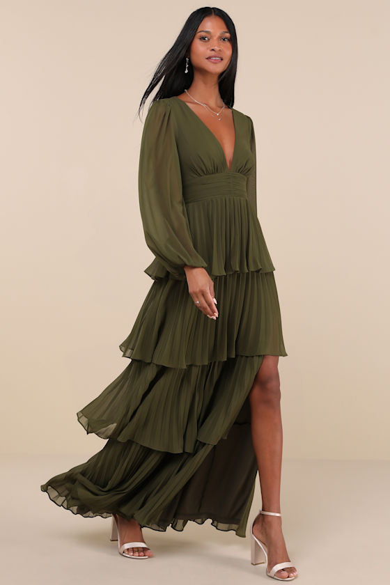 Graceful Finesse Plum Pleated Long Sleeve Maxi Dress