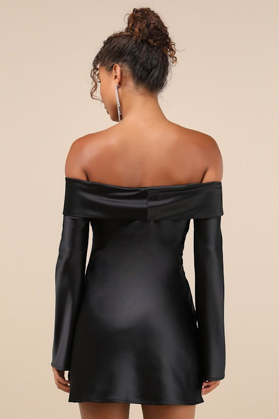 Luxurious Vision Teal Satin Off-the-Shoulder Mini Dress