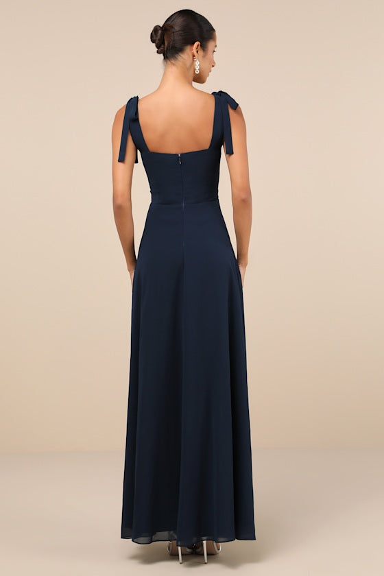 Love Me Forever Navy Blue Floral Square Neck Maxi Dress