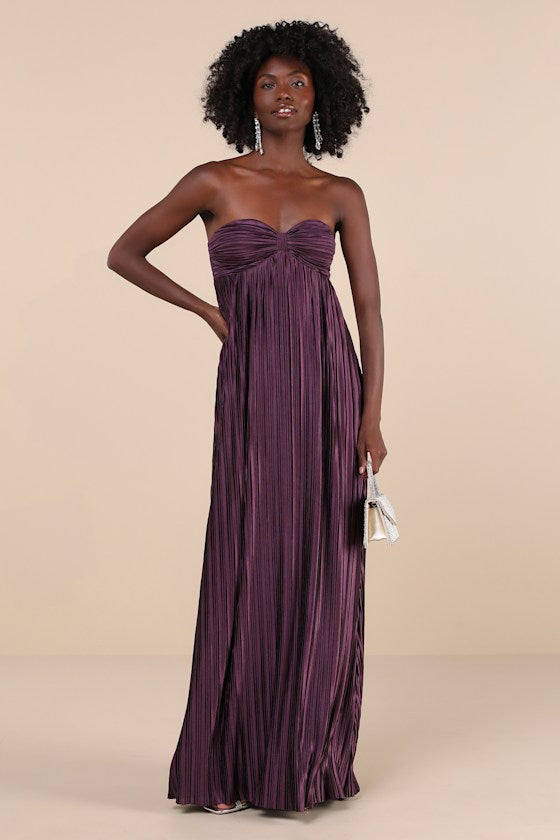 Whimsical Beauty Emerald Green Satin Plisse Strapless Maxi Dress