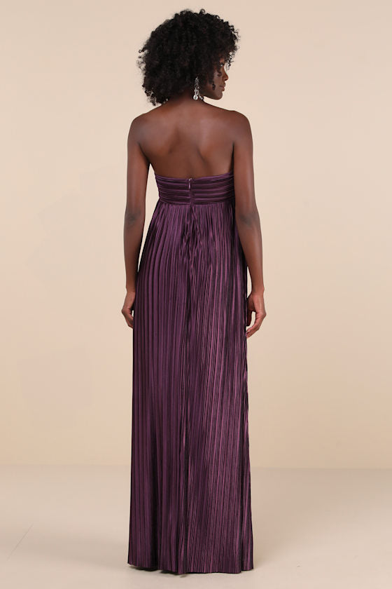Whimsical Beauty Dark Purple Satin Plisse Strapless Maxi Dress #Color_Dark Purple