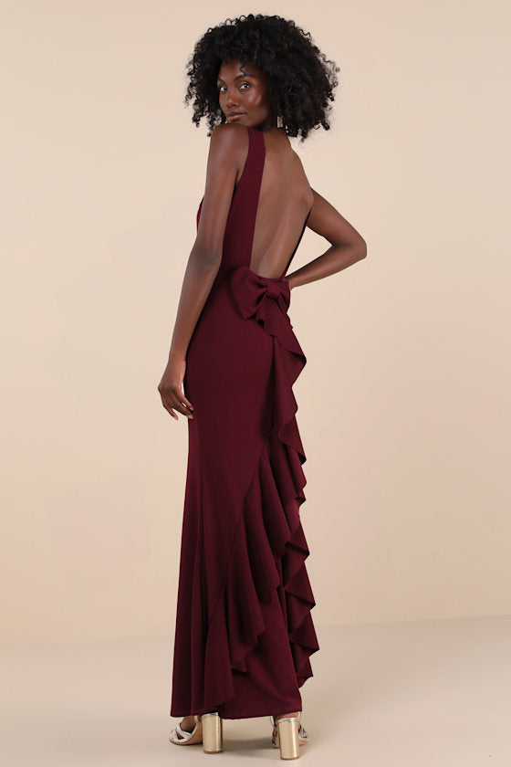Exquisite Refinement Red Backless Bow Ruffled Maxi Dress
