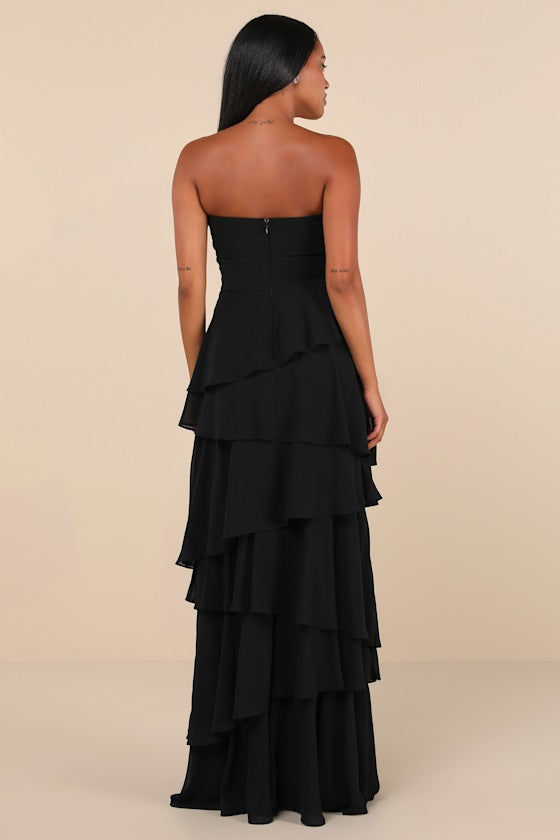 Gorgeous Essence Black Strapless Tiered Maxi Dress #Color_Black