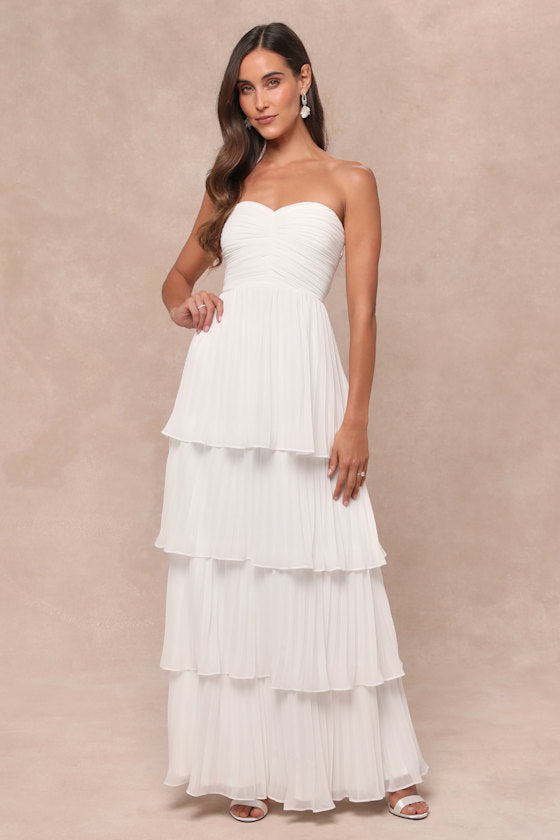 Seriously Sensational White Strapless Tiered Maxi Dress #Color_White