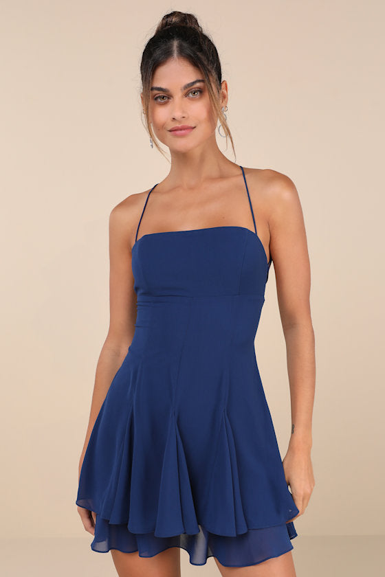 Perfected Sweetness Dark Blue Pleated Tiered Mini Dress #Color_Dark Blue