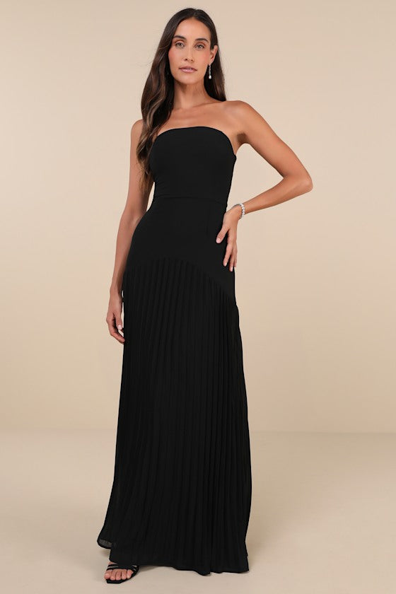 Celebratory Aesthetic Black Pleated Strapless Maxi Dress #Color_Black