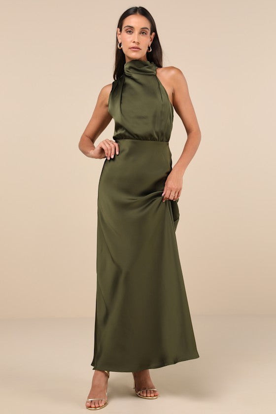 Distinctive Charm Olive Green Satin Asymmetrical Maxi Dress #Color_Olive Green