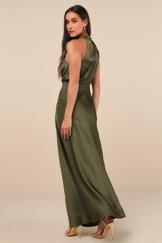 Distinctive Charm Olive Green Satin Asymmetrical Maxi Dress #Color_Olive Green