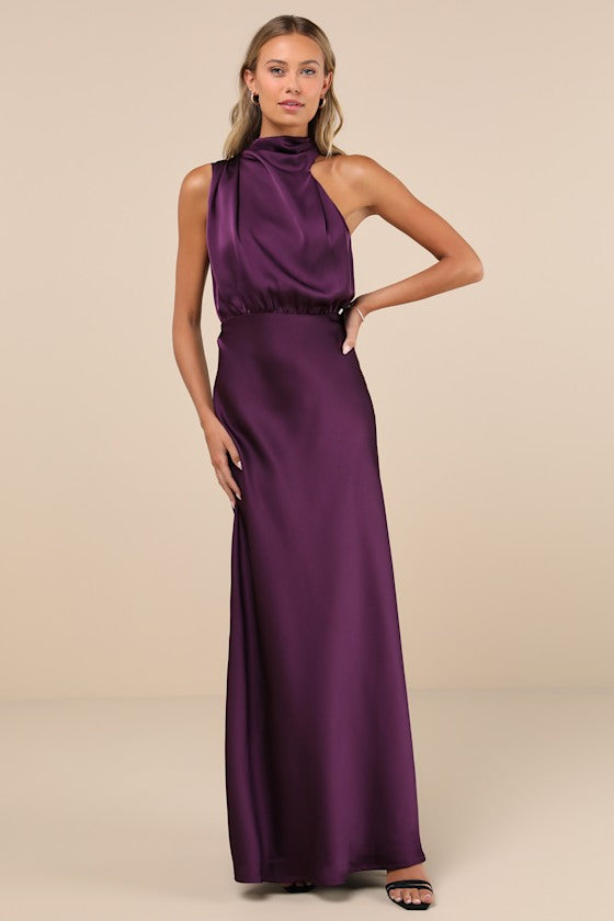 Distinctive Charm Purple Satin Asymmetrical Maxi Dress #Color_Purple