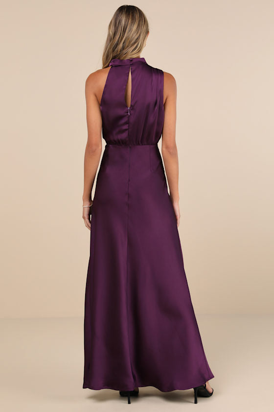 Distinctive Charm Purple Satin Asymmetrical Maxi Dress #Color_Purple