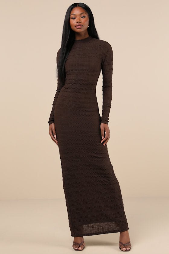 Trendsetting Design Brown Textured Long Sleeve Maxi Dress #Color_Brown