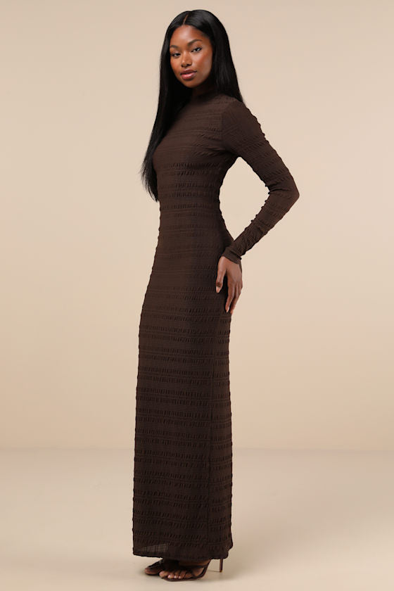 Trendsetting Design Brown Textured Long Sleeve Maxi Dress #Color_Brown