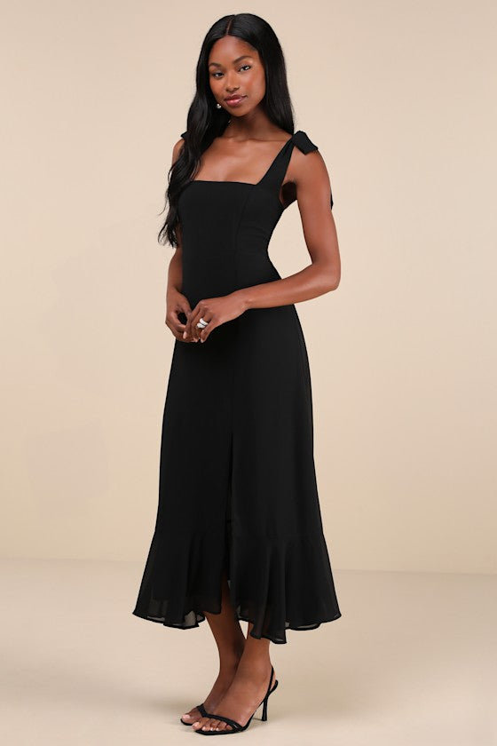 Summer Invite Black Tie-Strap Tiered Midi Dress #Color_Black