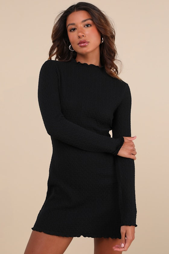 Flattering Forecast Black Textured Long Sleeve Mini Dress #Color_Black
