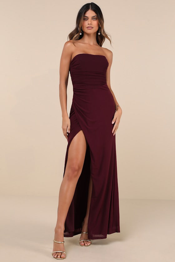 Epitome of Allure Purple Mesh Strapless Ruched Maxi Dress #Color_Purple