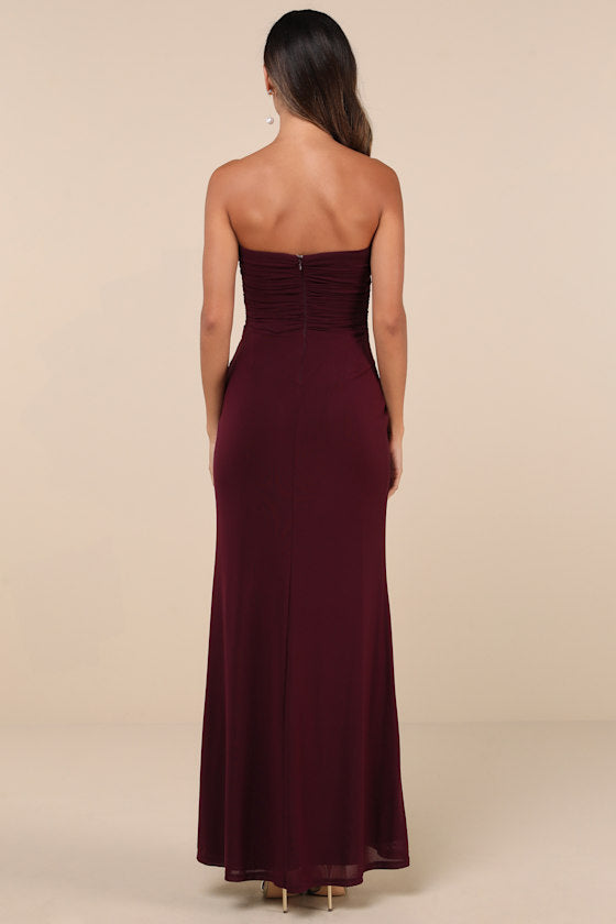 Epitome of Allure Purple Mesh Strapless Ruched Maxi Dress #Color_Purple