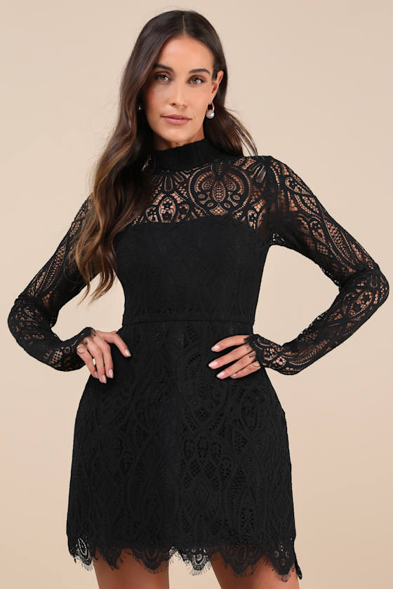 Gorgeous Attraction Black Lace Structured Long Sleeve Mini Dress #Color_Black